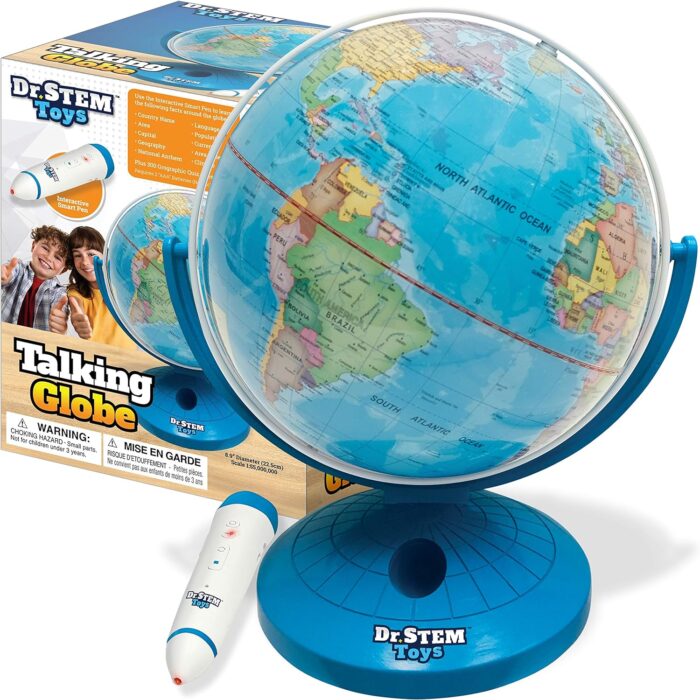 Dr. STEM Toys Talking World Globe - Globo terraqueo con lápiz digital interactivo y soporte