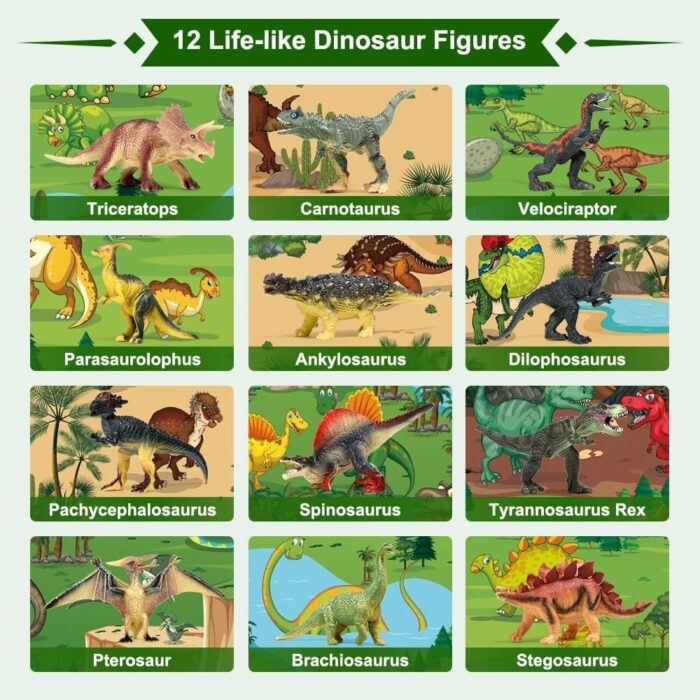 juguetes 12 piezas de figuras de dinosaurio grandes realistas con alfombrilla de juego gigante y libro de dinosaurios de información