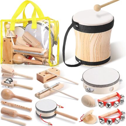 Juego de instrumentos musicales de madera natural (tambor